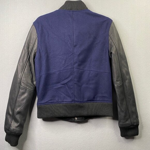 Oak NYC Double Front Varsity Jacket Womens XS Blue Wool Leather Sleeves Boxy - Picture 6 of 9